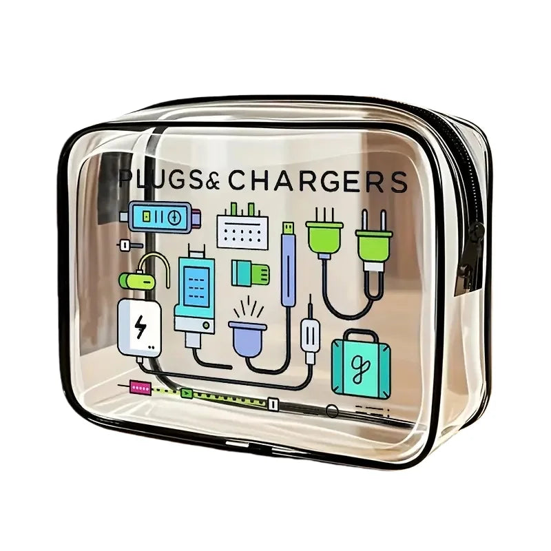 A clear plastic zipper tote containing various electronic plugs and chargers for travel and organization.