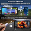 A monitor displaying a movie scene, a smartphone, and a hand holding an USB flash drive, demonstrating Bluetooth and MP5-USB 