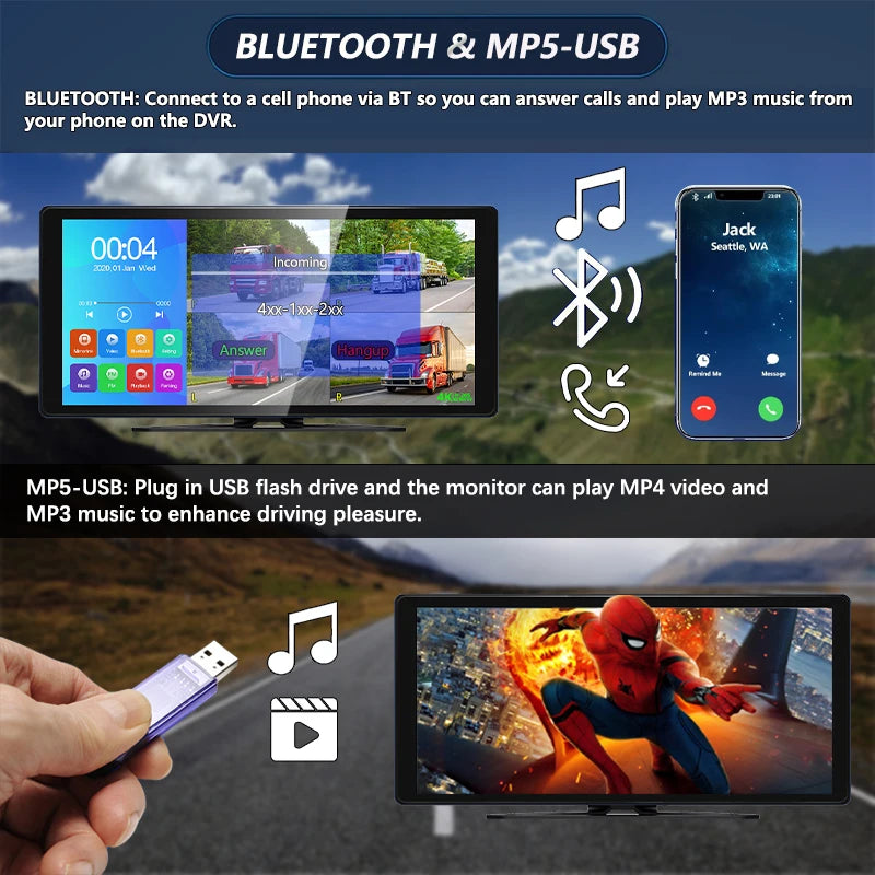 A monitor displaying a movie scene, a smartphone, and a hand holding an USB flash drive, demonstrating Bluetooth and MP5-USB 