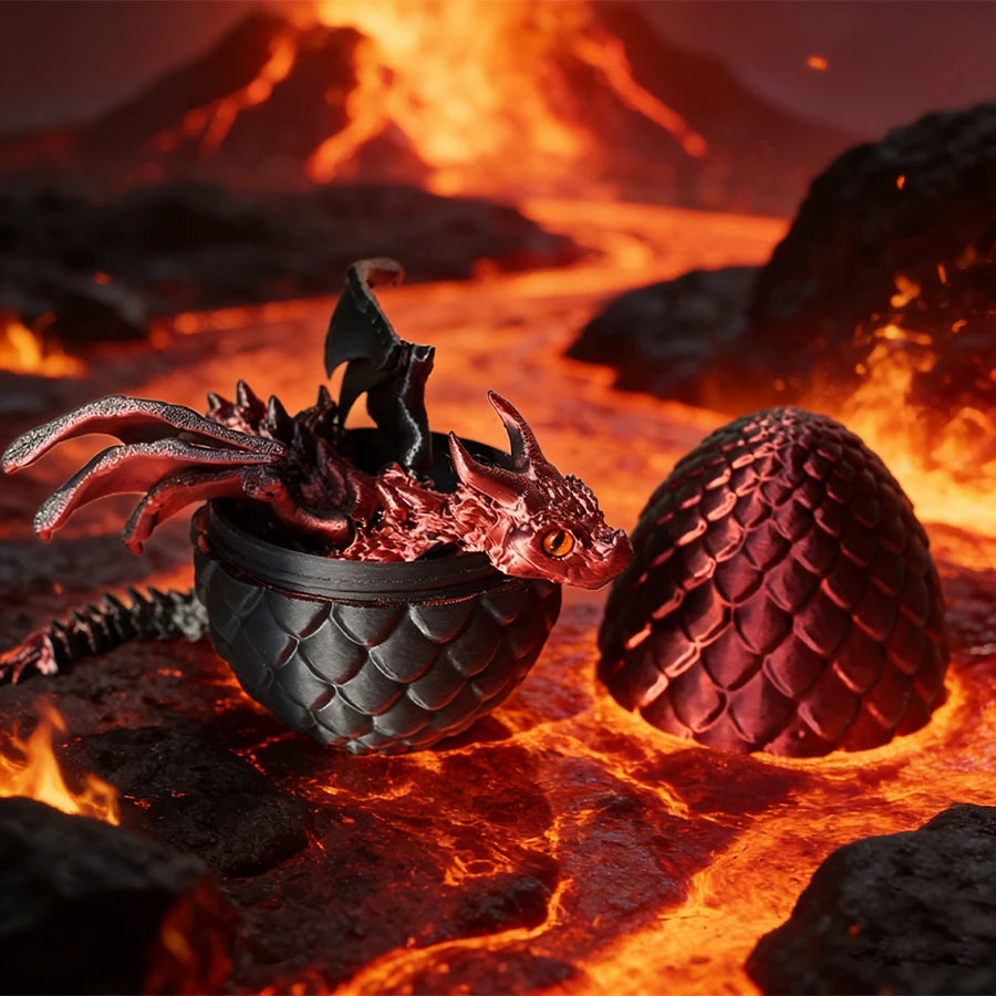 A detailed articulated pterosaur dragon egg toy resting on hot, glowing volcanic rock.