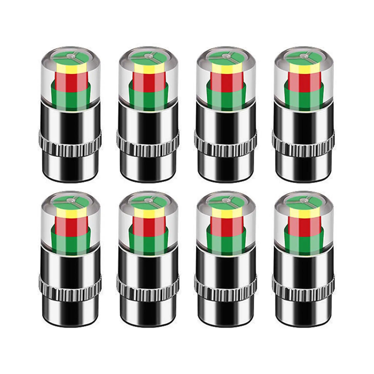 A set of four color-coded tire pressure indicator valve caps with red and green accents.