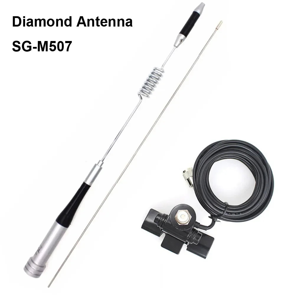 A Diamond Antenna SG-M507 with a coiled wire and black connector attached to a silver rod.