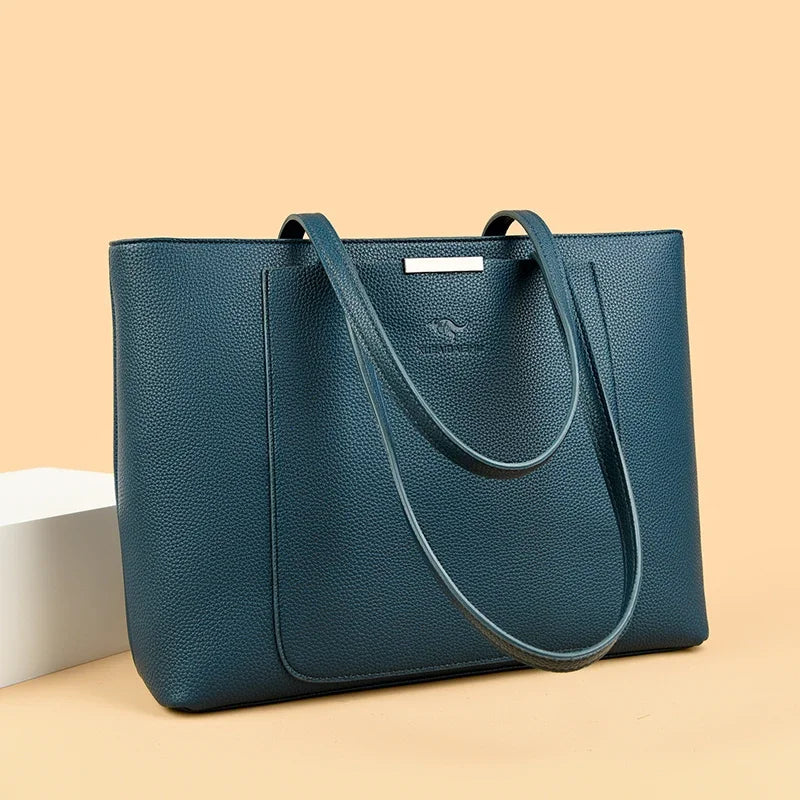 Genuine Leather Tote Bag with Multiple Pockets &amp; Zipper Closure