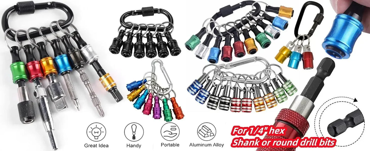 A set of magnetic 1/4 inch hex and round drill bits packaged with a keychain holder for tool organization