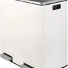 A white dual compartment recycling trash can with a dark lid and soft-close features.