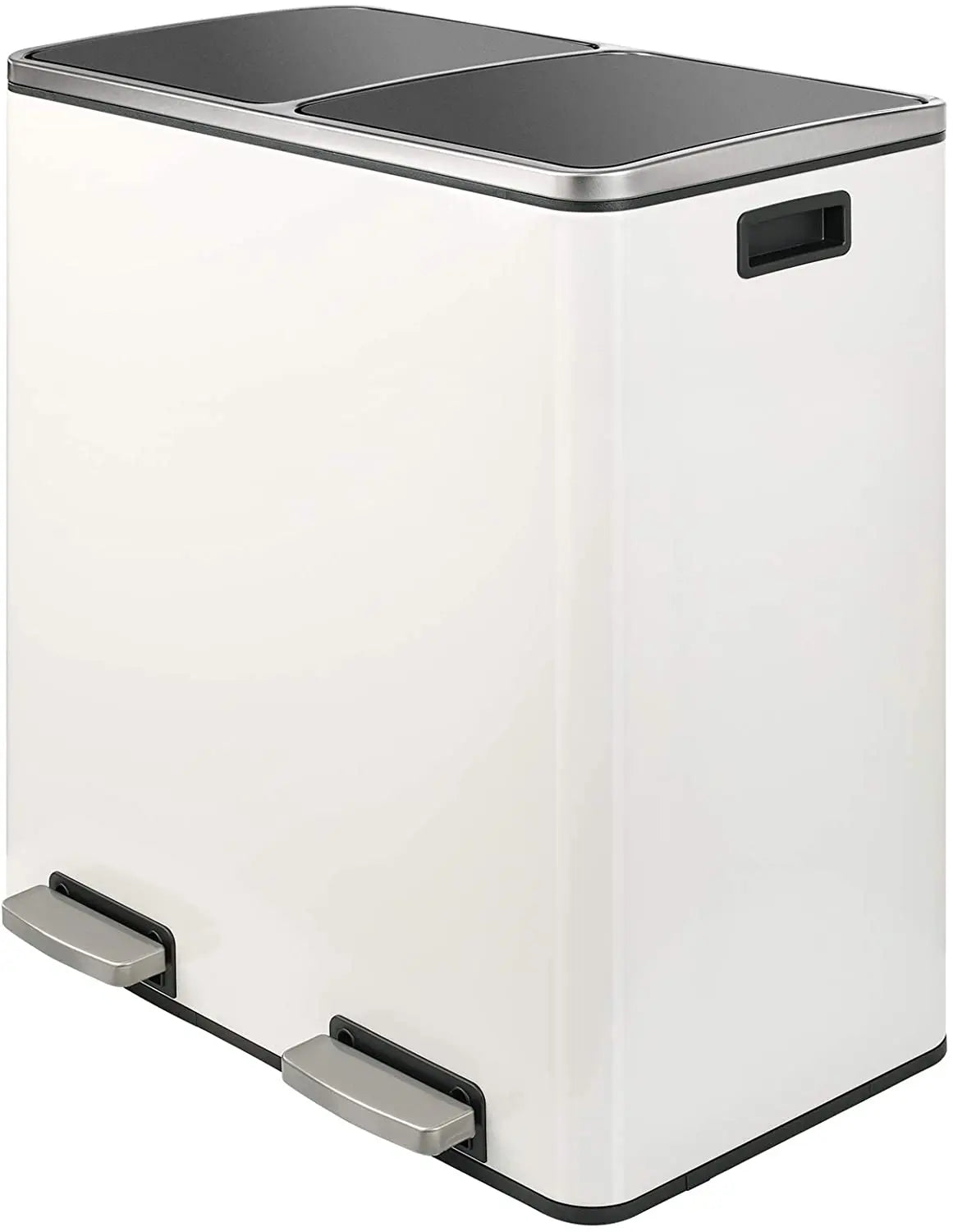 A white dual compartment recycling trash can with a dark lid and soft-close features.
