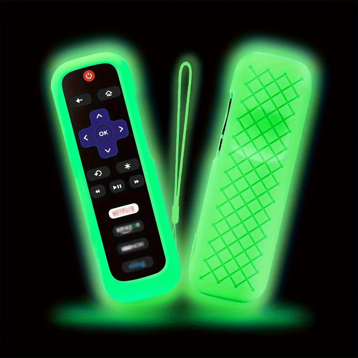 A lime green silicone remote cover with a lanyard is shown against a black background.