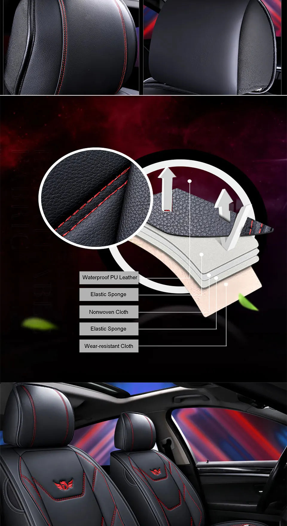 Close-up view of black leather car seat covers showing layered construction including PU leather, elastic sponge, and nonwove