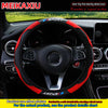 A black steering wheel cover with red accents and a SPORT logo is shown inside a car dashboard.