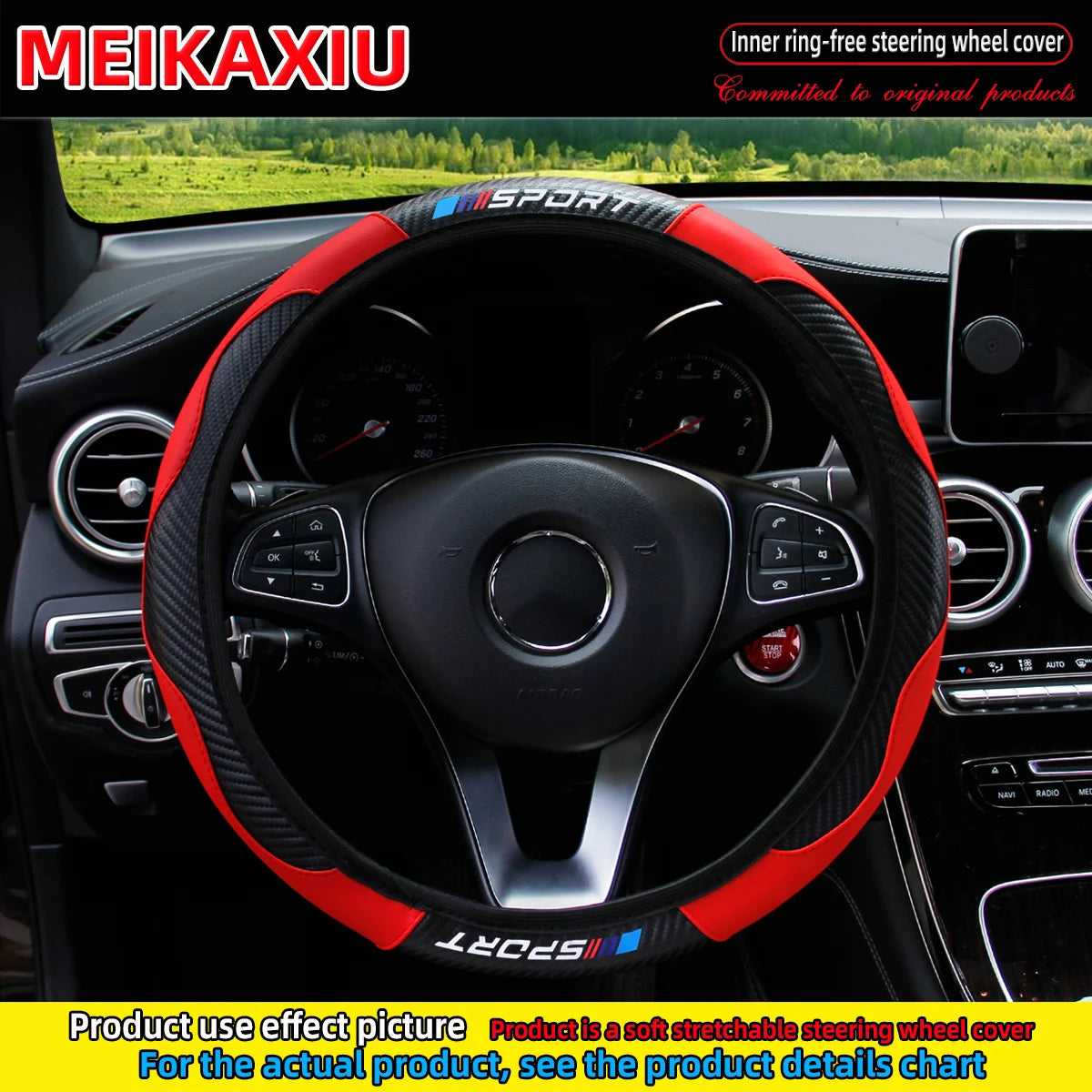 A black steering wheel cover with red accents and a SPORT logo is shown inside a car dashboard.