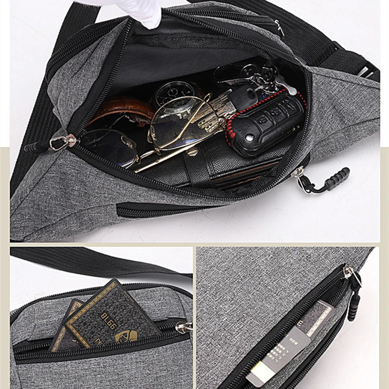 A gray canvas waist pack with multiple pockets showing various accessories inside.