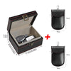 Black carbon fiber box with a lid designed to store key fobs and phones.