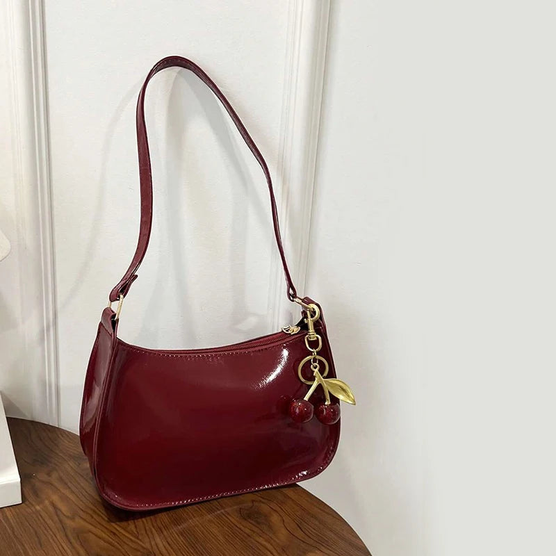 PU Leather Shoulder Bag with Cherry Pendant