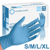 Box of disposable blue nitrile gloves with an XL size hand shown in the foreground.