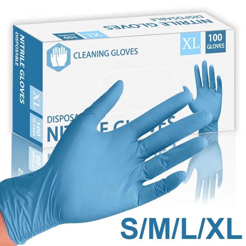 Box of disposable blue nitrile gloves with an XL size hand shown in the foreground.