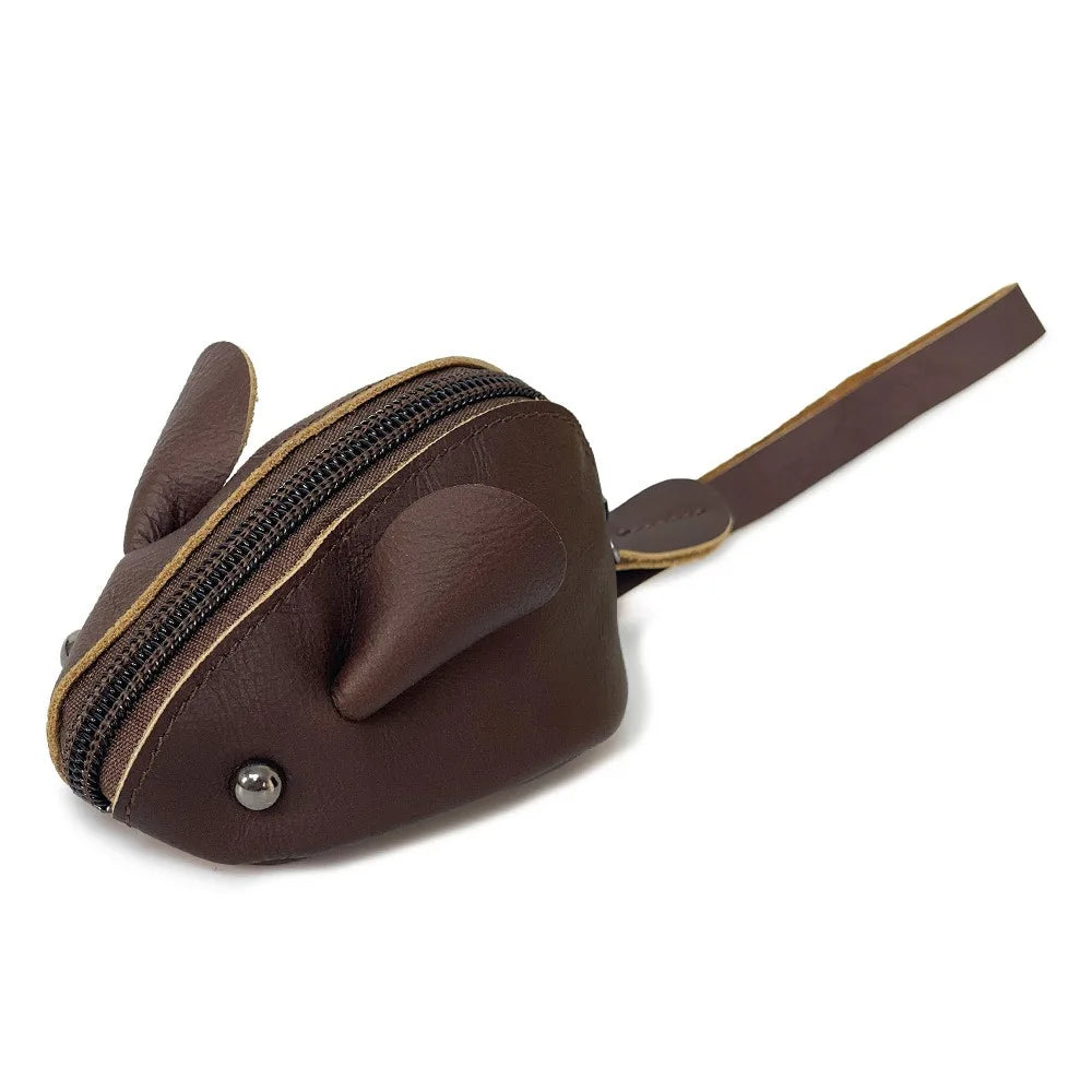 A brown genuine leather cartoon mouse coin purse with a zipper and a leather strap.