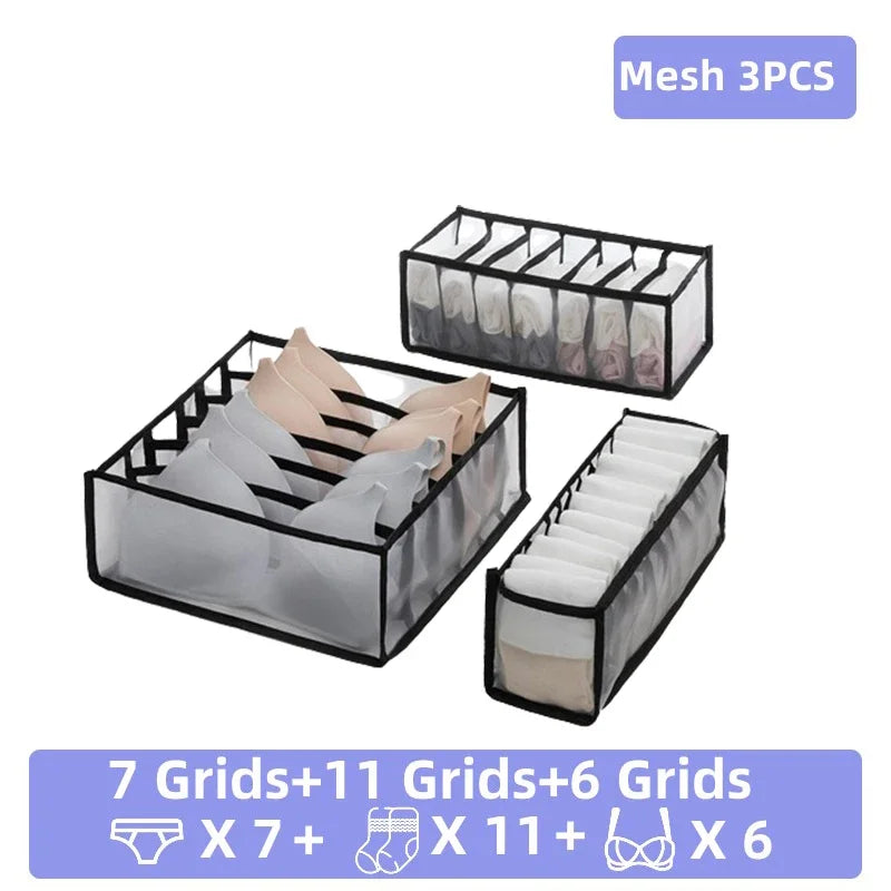 Mesh 3PCS foldable closet organizer boxes for storing underwear, socks, and accessories