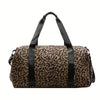 A brown leopard print weekender tote bag with black straps and a shoe compartment.