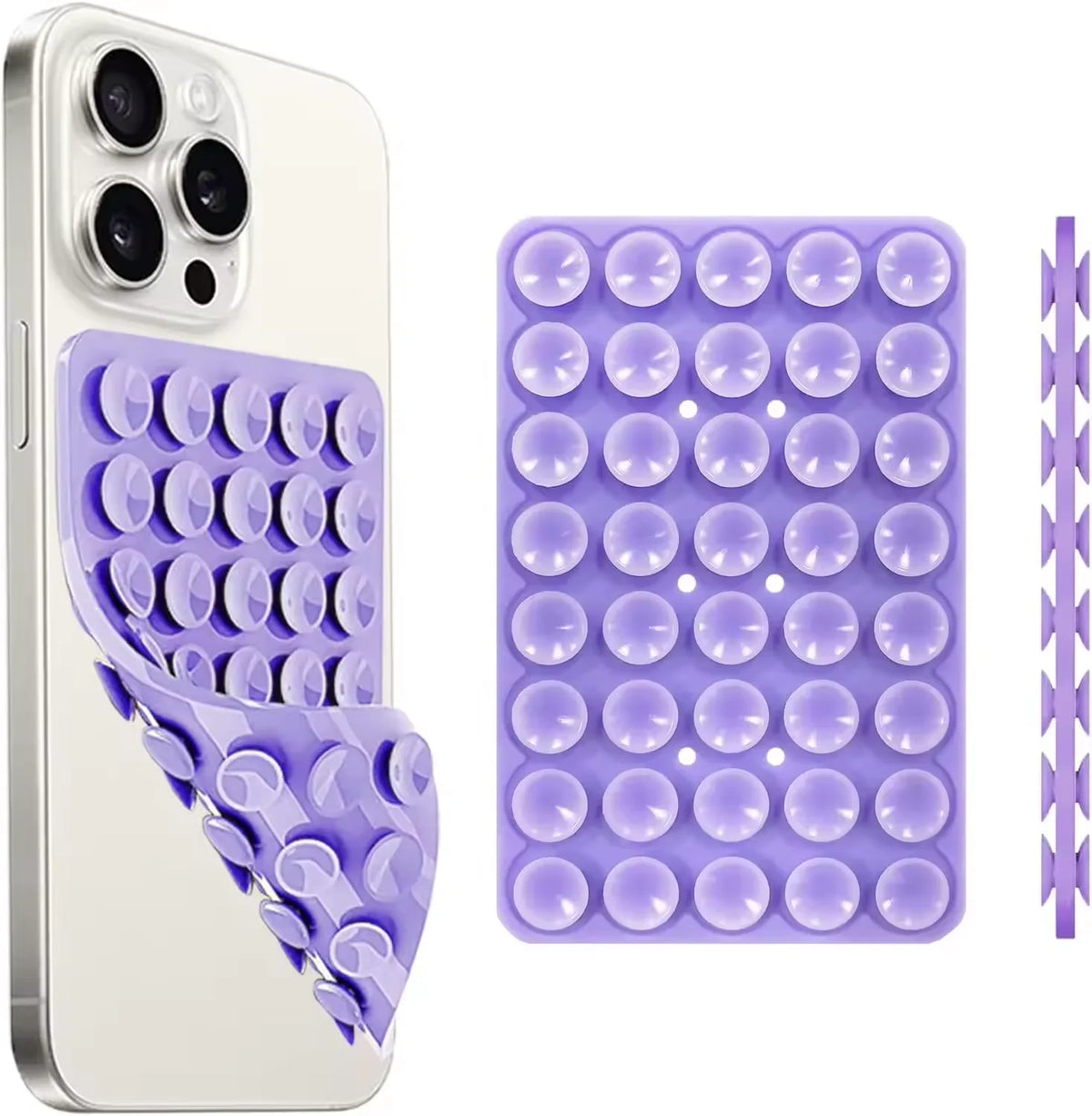 A white smartphone case and a purple suction cup phone mount with multiple silicone domes for hands-free use.