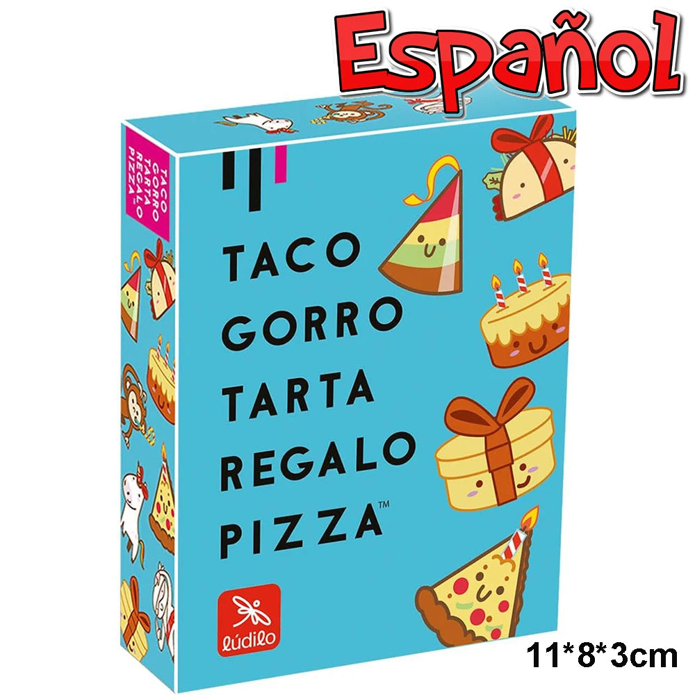 Box of Spanish edition Taco Gorro Tarta Regalo Pizza card game featuring various food items