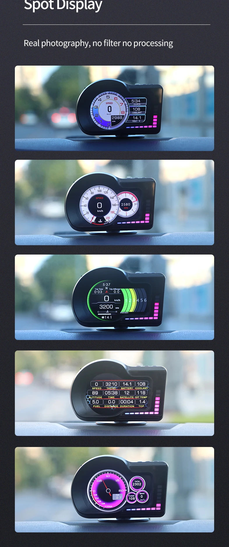 A black Smart Fortwo OBD2+GPS head-up display showing various vehicle information on a digital screen.