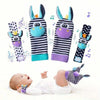A set of soft teether booties for babies featuring sensory toys and a rattle design.