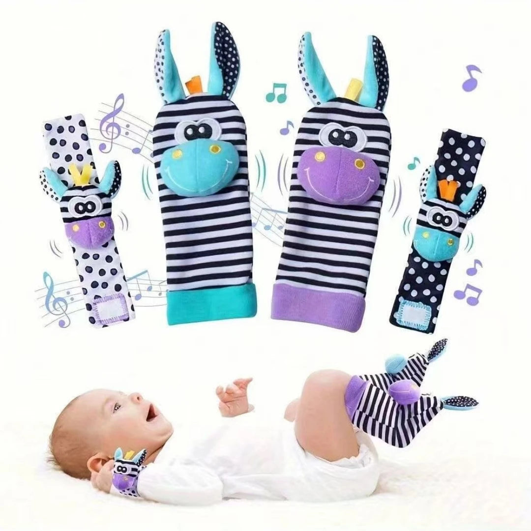 A set of soft teether booties for babies featuring sensory toys and a rattle design.