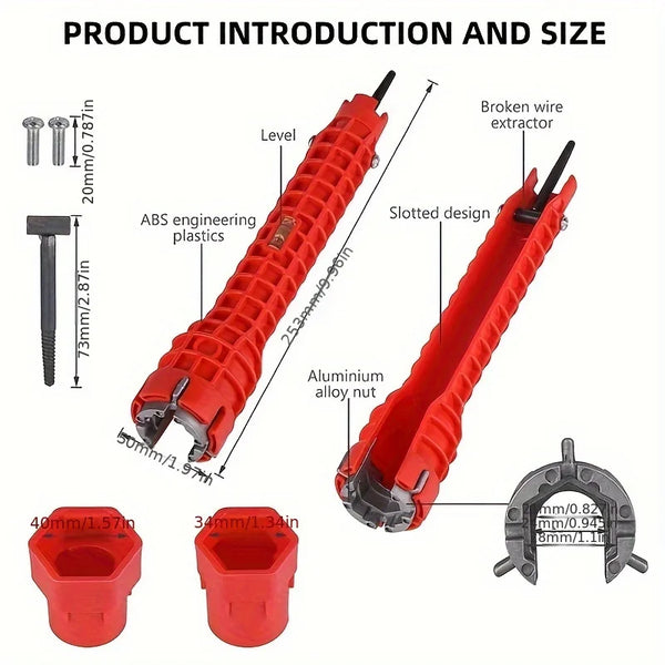 Red multi-function sink and faucet repair wrench with various sizes and tools