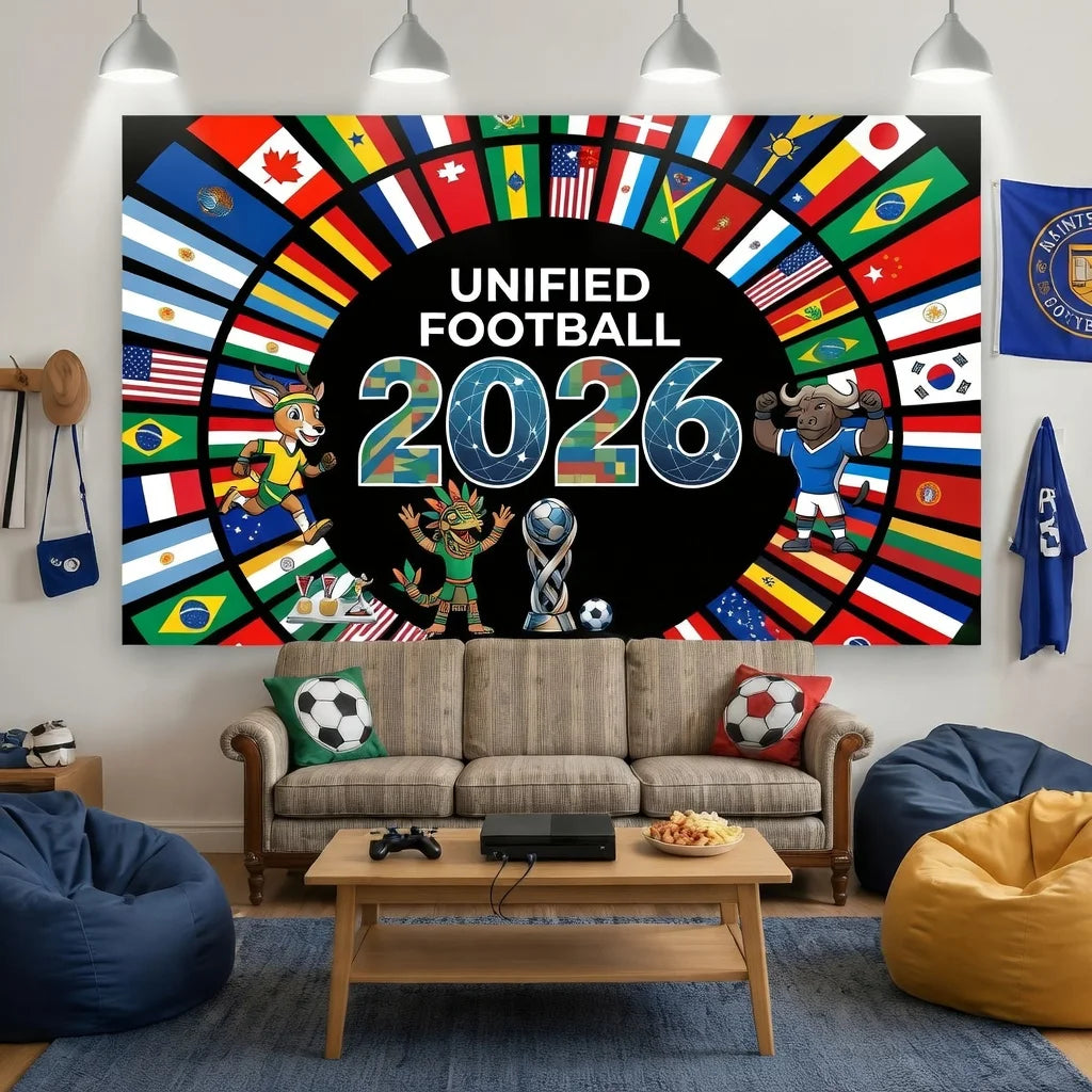 نسيج حائطي كبير بتصميم دائري يحمل أعلامًا وطنية ونص "Unified Football 2026".