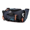 A dark blue tactical chest bag with multiple compartments and orange accents is shown against a white background.