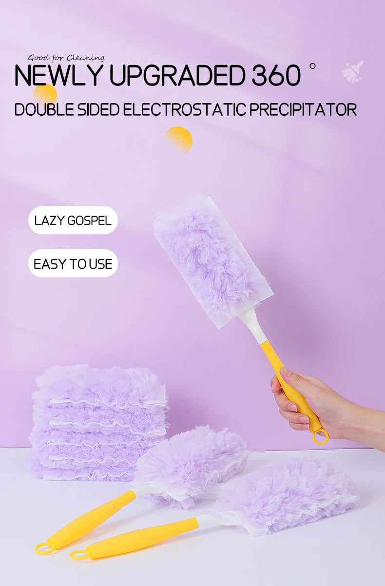 A hand holds a purple electrostatic precipitor duster with yellow handles, demonstrating the newly upgraded 360 degree rotati