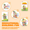 A set of colorful marble run and motorized elevator building toys for children.