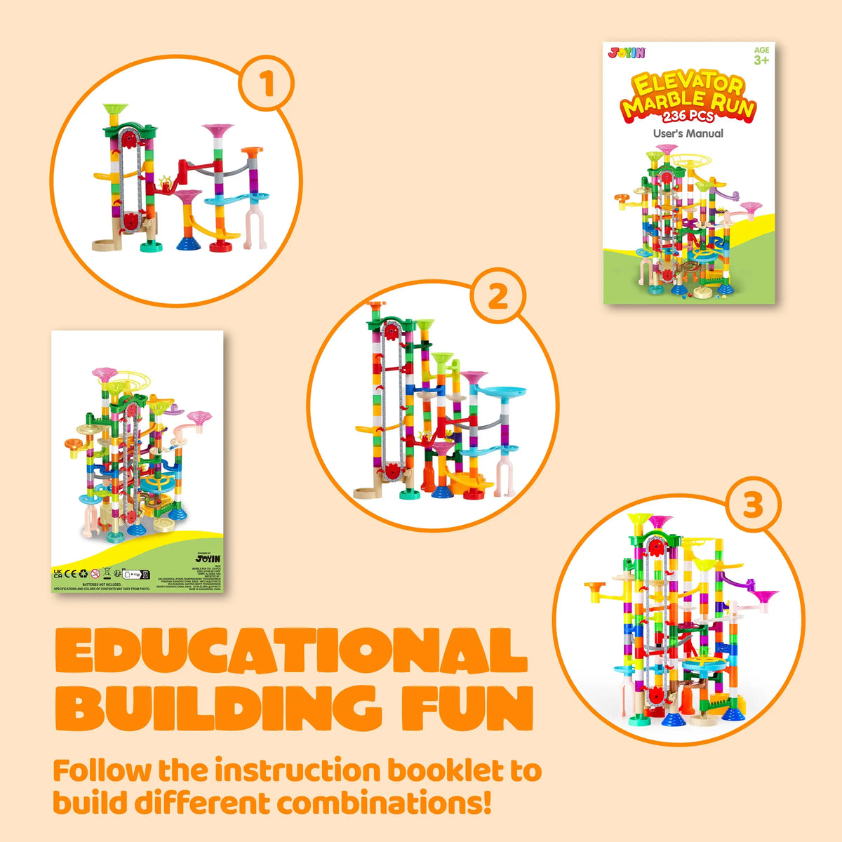 A set of colorful marble run and motorized elevator building toys for children.