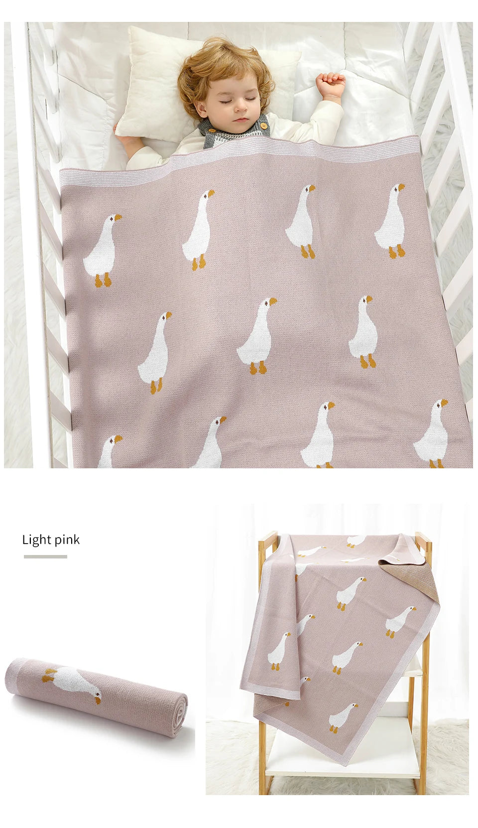 A light pink soft cotton baby swaddle blanket featuring a repeating cartoon print of white birds.
