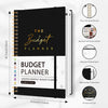 A black budget planner with a gold title, showing various features like writing space and a waterproof case.