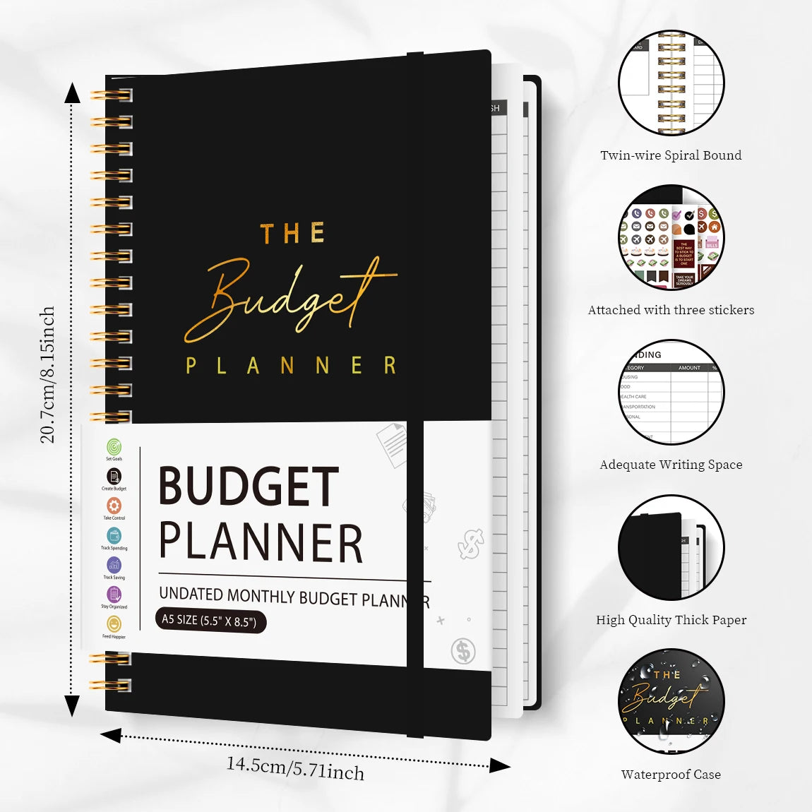 A black budget planner with a gold title, showing various features like writing space and a waterproof case.