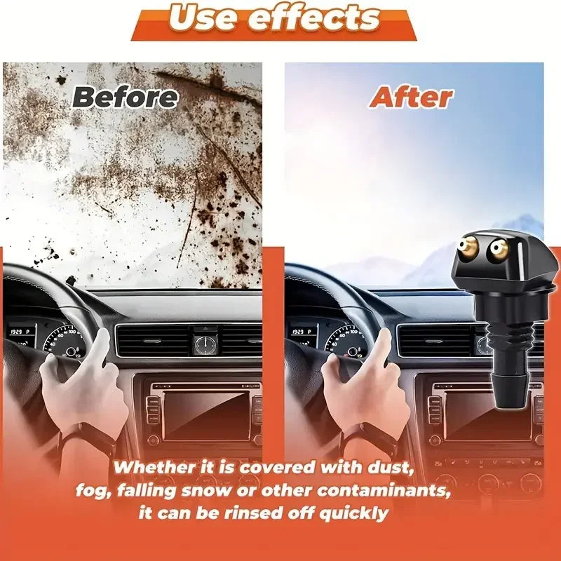 Before and after images showing a windshield washer hose connector kit cleaning off dirt and contaminants.