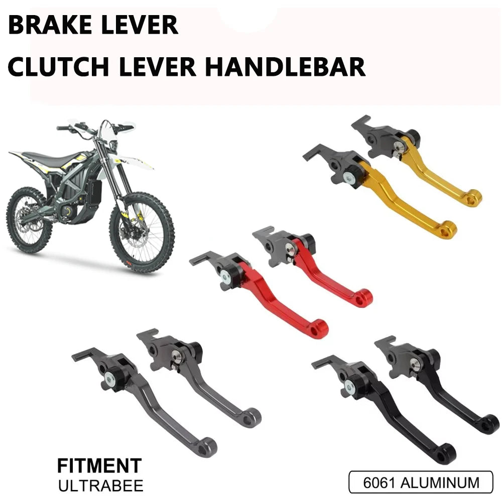 Set of brake and clutch levers for a Sur-Ron Ultra Bee motorcycle, featuring aluminum components in various colors.