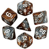 A set of seven polyhedral dice showing various numbers and markings on dark, marbled dice.