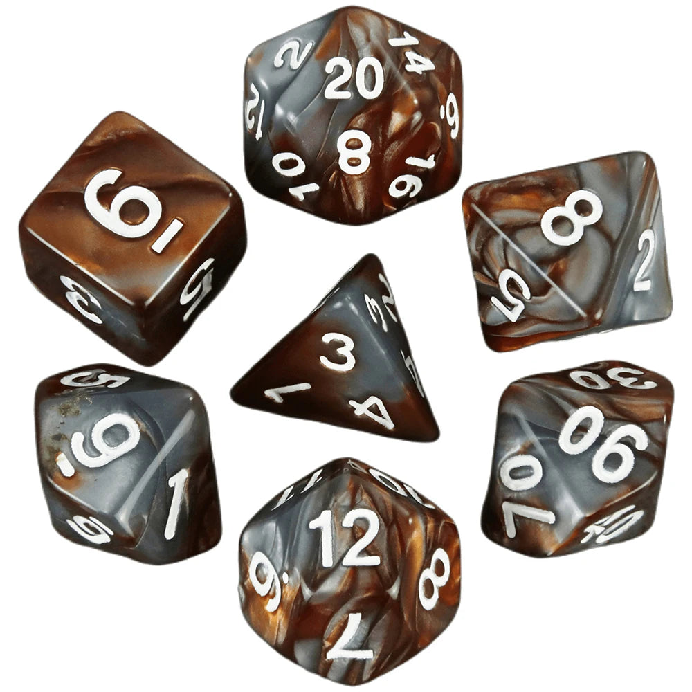 A collection of seven polyhedral dice in various colors and angles for role-playing games