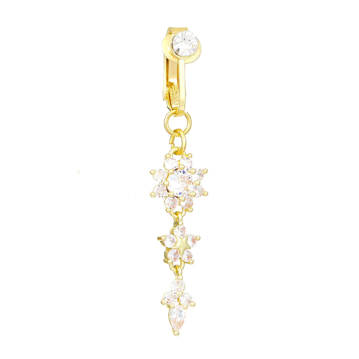 Anillo de ombligo con clip de mariposa dorado y piedras de circonita rosa
