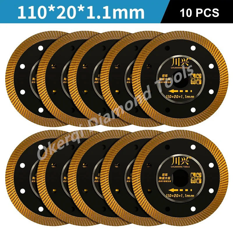 Ten black diamond saw blades with gold edges and 1.1mm thickness for cutting tiles and ceramics