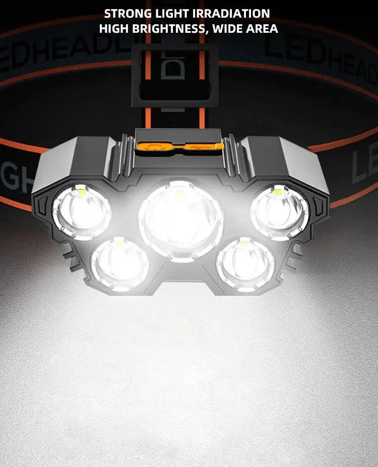 A close-up view of a black 5-LED waterproof headlamp with multiple bright lights illuminating a white surface.