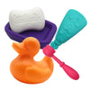 A set of accessories for a doll outfit including a white hat, teal gloves, and an orange duck toy.