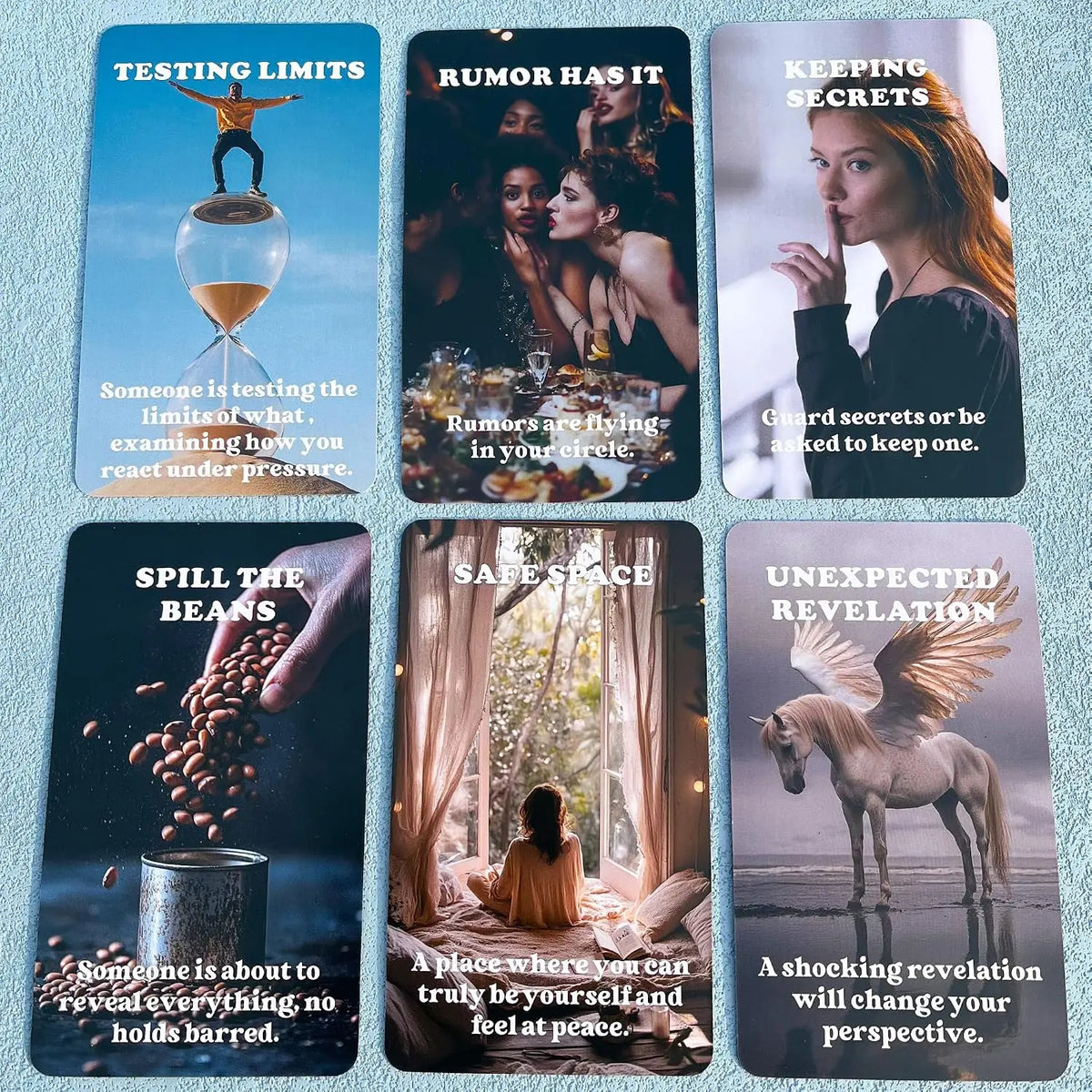A set of five oracle cards featuring various themes like testing limits, rumors, keeping secrets, safe space, and unexpected 
