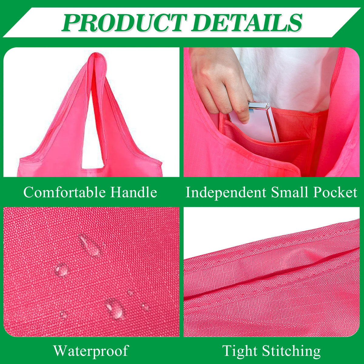 Pink foldable reusable grocery bag showing details like a comfortable handle, independent small pocket, waterproof material, 