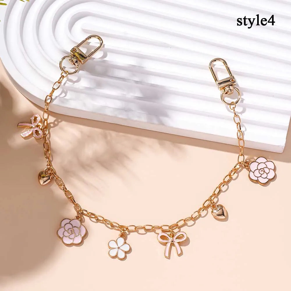 Cherry Blossom Bow Enamel Bag Chain with Heart Charms