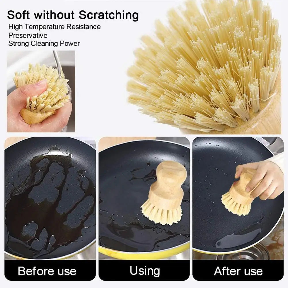 A set of natural bamboo dish scrub brushes with sisal bristles shown before, during, and after use on a dark plate.