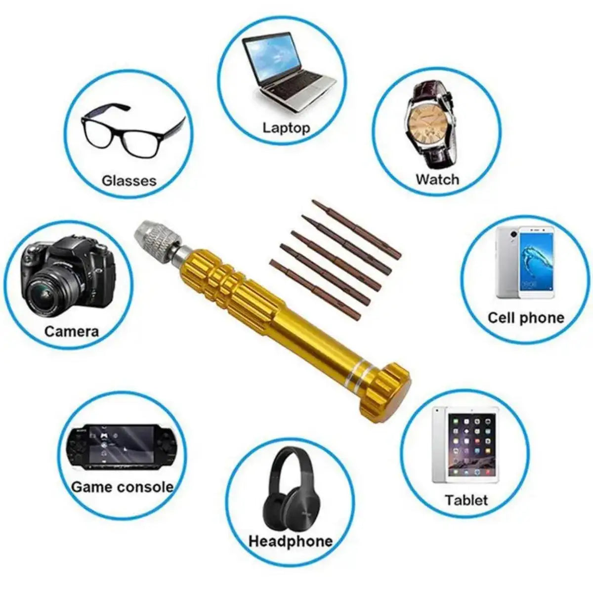 A collection of various tools including glasses, laptop, watch, camera, cell phone, game console, and tablet.