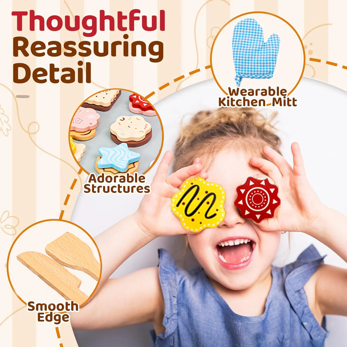 A young girl is playfully touching her eyes with wooden cookie play food structures and a kitchen mitt.